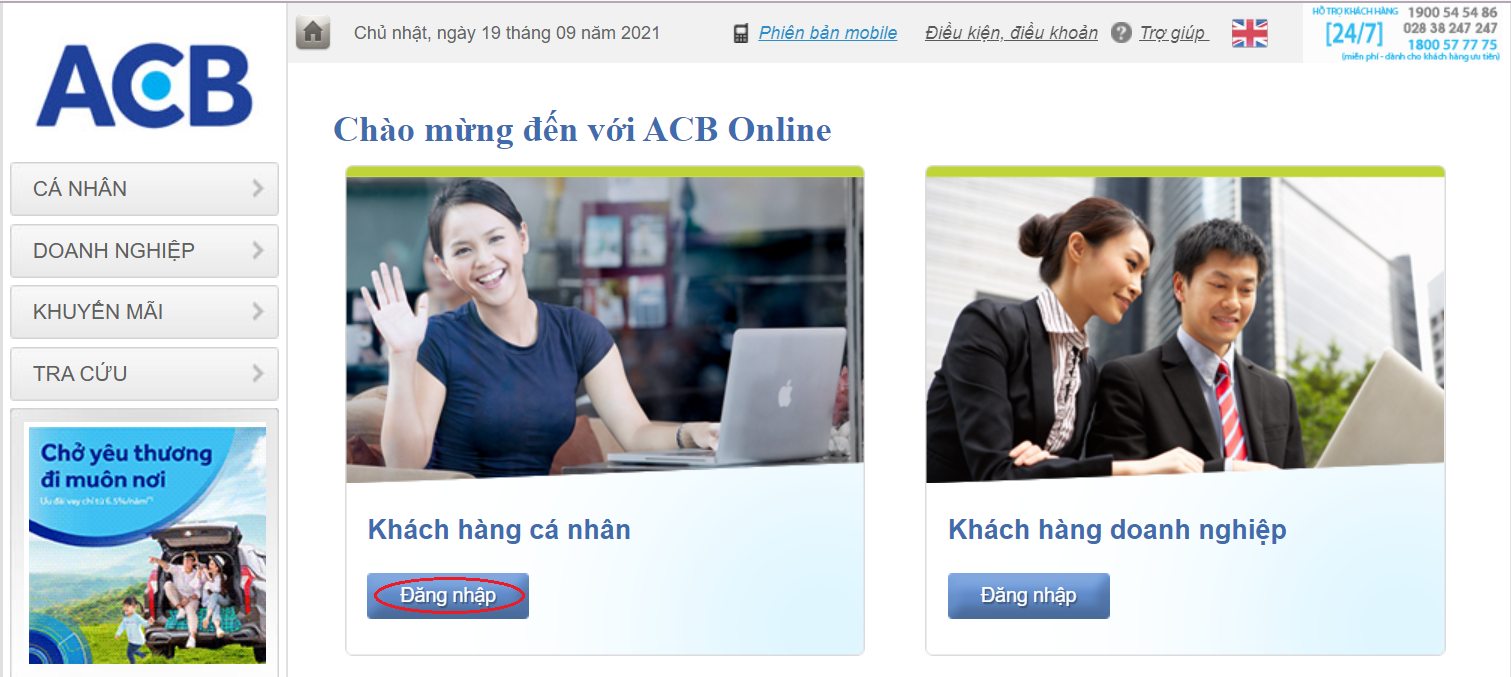 đăng nhập acb online